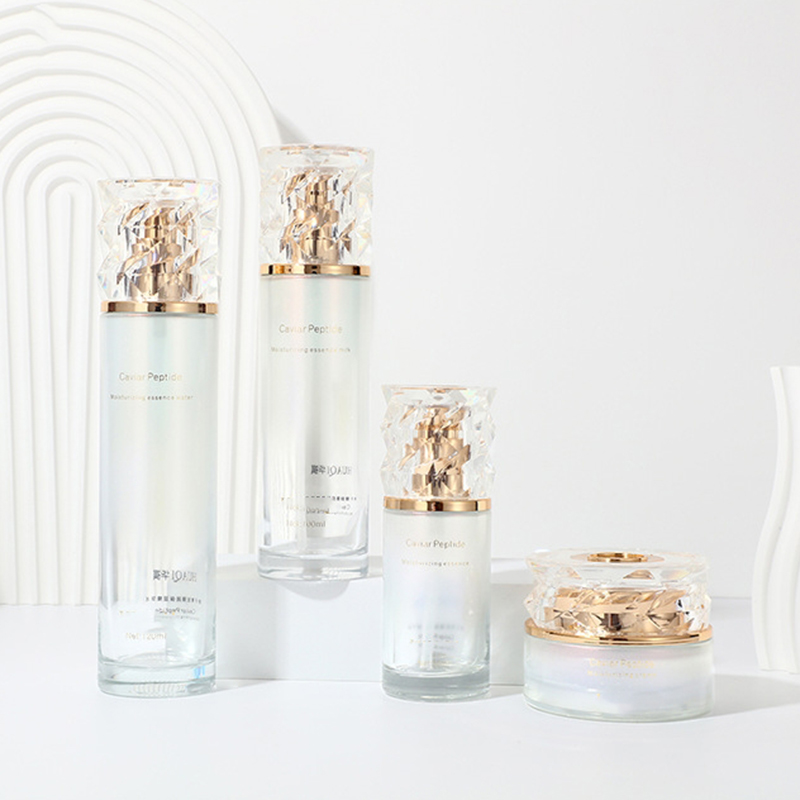 রঙিন গ্রেডিয়েন্ট কসমেটিক প্যাকেজিং সেট মুদ্রিত খালি ফেসক্রিম জার স্কিনকেয়ার গ্লাস লোশন বোতল সঙ্গে পাম্প