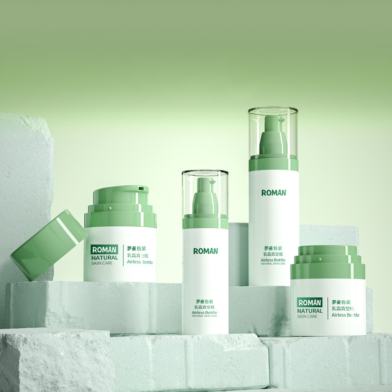 প্লাস্টিক কসমেটিক প্যাকেজিং ফেসিয়াল ক্রিম বোতল 30ml 50ml 80ml সবুজ বায়ুবিহীন পাম্প বোতল সেট অ্যান্টি-এজ সিরাম বোতলের জন্য ইলেক্ট্রোপ্লেটিং সহ