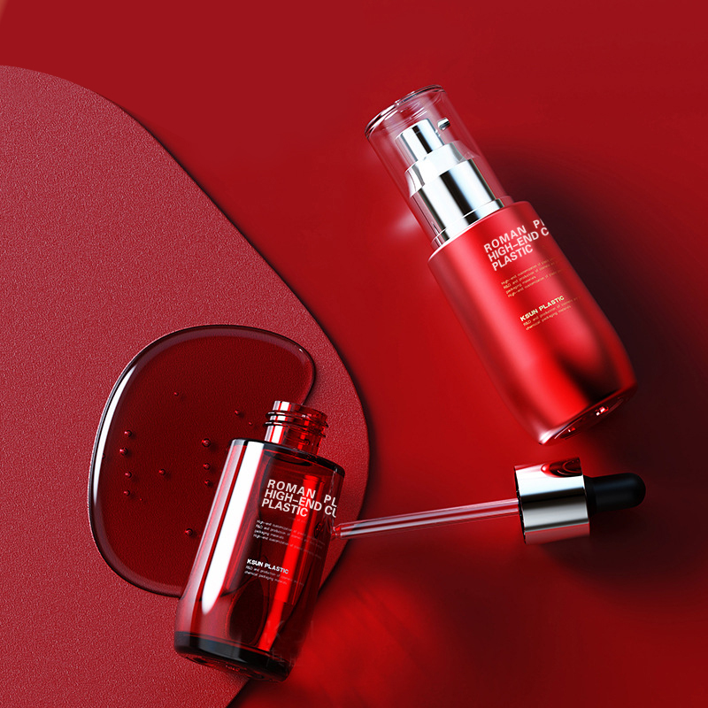 ক্রিম বোতল সেটের জন্য ড্রপার সহ রিফিলযোগ্য প্রসাধনী তেলের বোতল 50ml ওয়াইন রেড PETG ফেস কেয়ার সিরাম ড্রপার বোতল