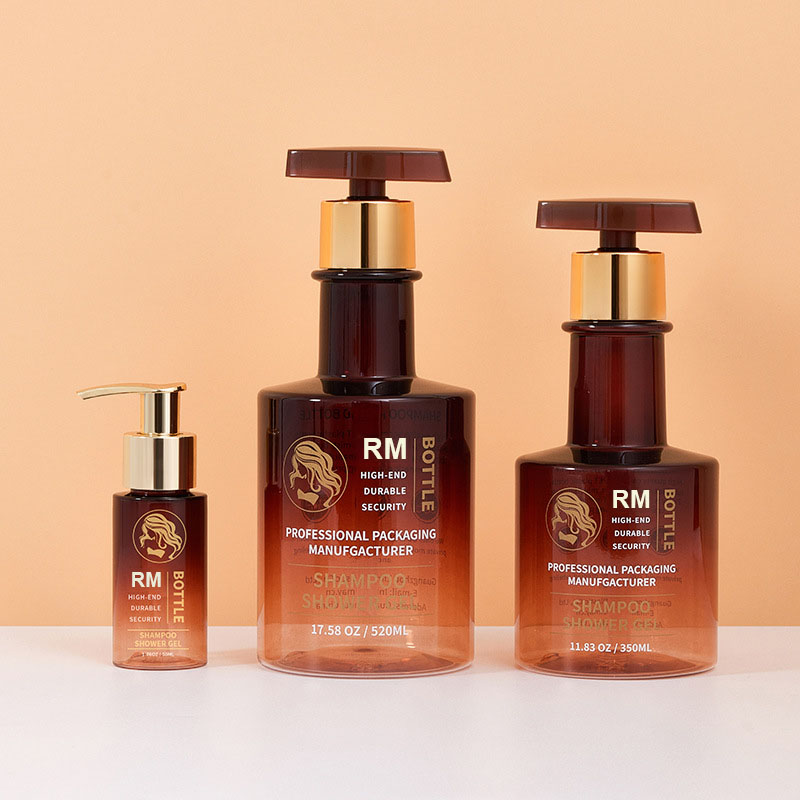 বিনামূল্যের নমুনা অ্যাম্বার ব্ল্যাক গোল্ড লং নেক শ্যাম্পুর বোতল খালি হাত ধোয়ার বোতল প্লাস্টিক বডি লোশন পাম্প বোতল 300ml 500ml